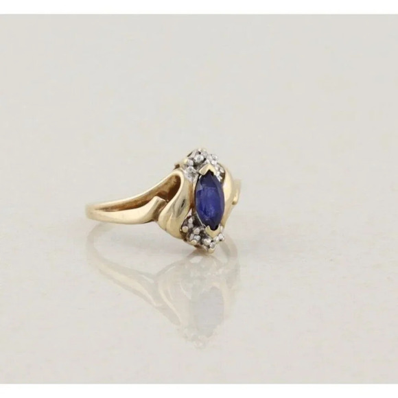 10k Yellow Gold Natural Blue Sapphire & Diamond Ring Size 7 1/4 - Picture 3 of 7